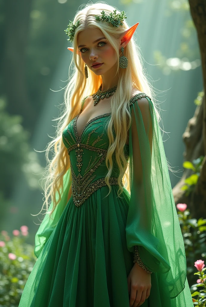  , ((( Green dress), flowers, jewelry, long sleeves, wide sleeves, elf clothing, , embroidery, long skirt, long flowing blond hair, detailed face, detailed beautiful eyes, (intricate:1.3), (arcane aura:1.2), (dreamlike:1.3), (subtle mist:1.1),(vibrant colors:1.2), (detailed hair:1.3), (ultra realistic details:1.5),