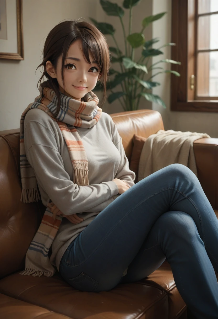 bell, anime, Brown hair, medium breast, Brown eyes, slight smile, jeans, scarf, gray sweatshirt, Blue pants, sitting, legs crossed, Inside the smart home, sitting on the couch, Asada Shino&#39;s face, anime Sword Art Online, Best quality