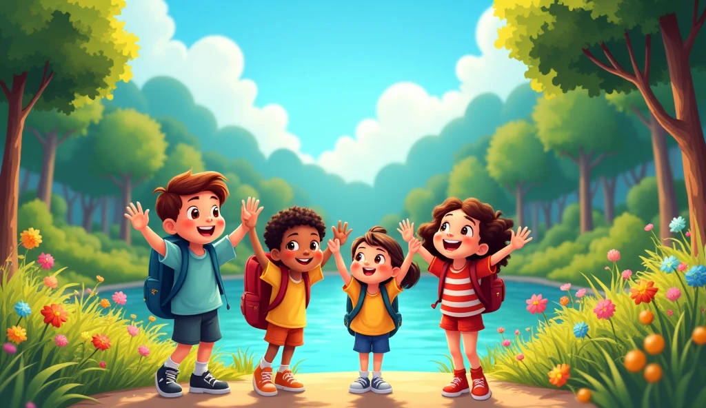 Create a vibrant and joyful outdoor scene featuring a group of diverse children waving goodbye as they finish their great outdoor adventure. The setting should be a beautiful, lush forest with tall trees, colorful flowers, and a sparkling river in the background. The children are smiling, holding hands, and carrying backpacks, with some looking up at the clear blue sky. The scene should feel warm, cheerful, and full of the energy of a fun-filled day in nature.