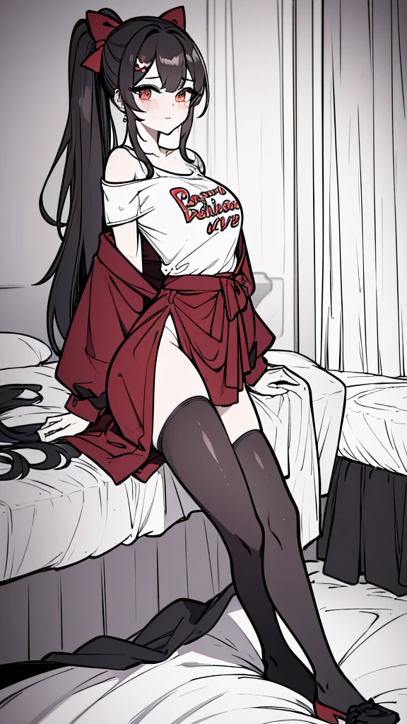 using pantimedies, wavy black hair, piercing look with deep red eyes, average stature, Waist length hair, Silky hair with a ponytail hairstyle collected with a red bow with two white lines, has a vagina, has breasts, cup of breasts, small breasts, slim, foreground, Session, sitting in her room, standing in his room, wearing pantyhose, using pantimedies, Picardias, neckline, looking at the viewer, lascivious smile, ((oversized t-shirt)), off the shoulders, without pants, washing machines, thighs, ((White T-shirt)), standing, hands on the hips,, shoes, blush, from below, thighs gorditos, thighs grandes, big ass
