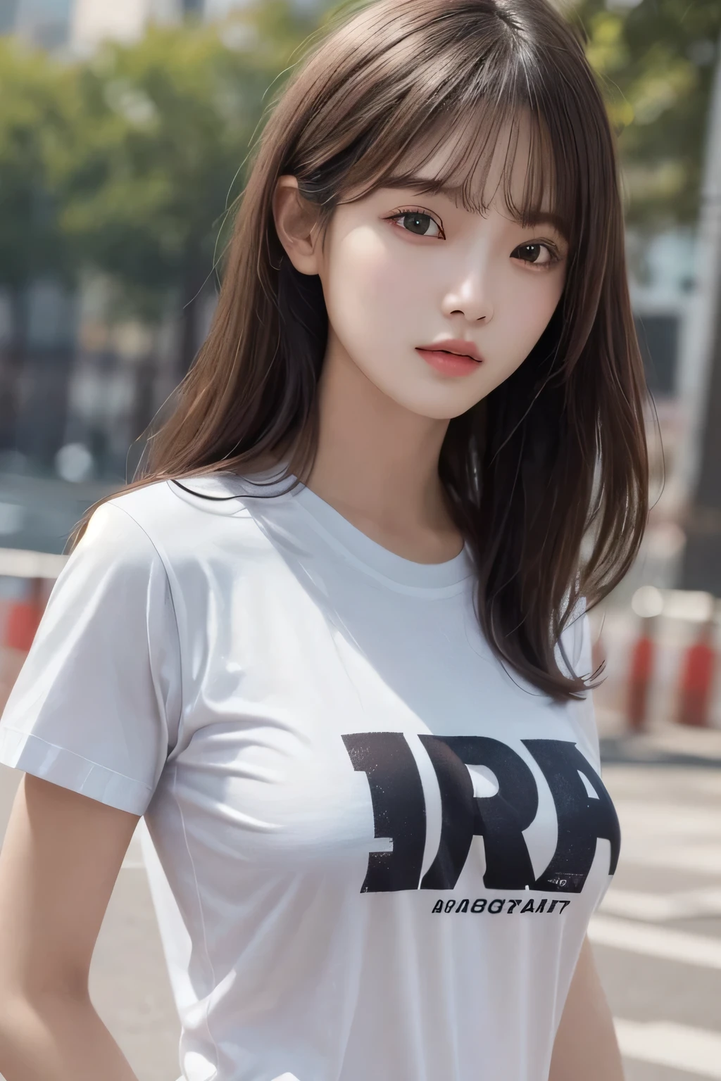 One girl, 1st,Highest quality,High resolution,超High resolution,8k,Realistic,Upper Body,encounter_Audience,Large Breasts, The body is slim,(t-shirt:1.2)