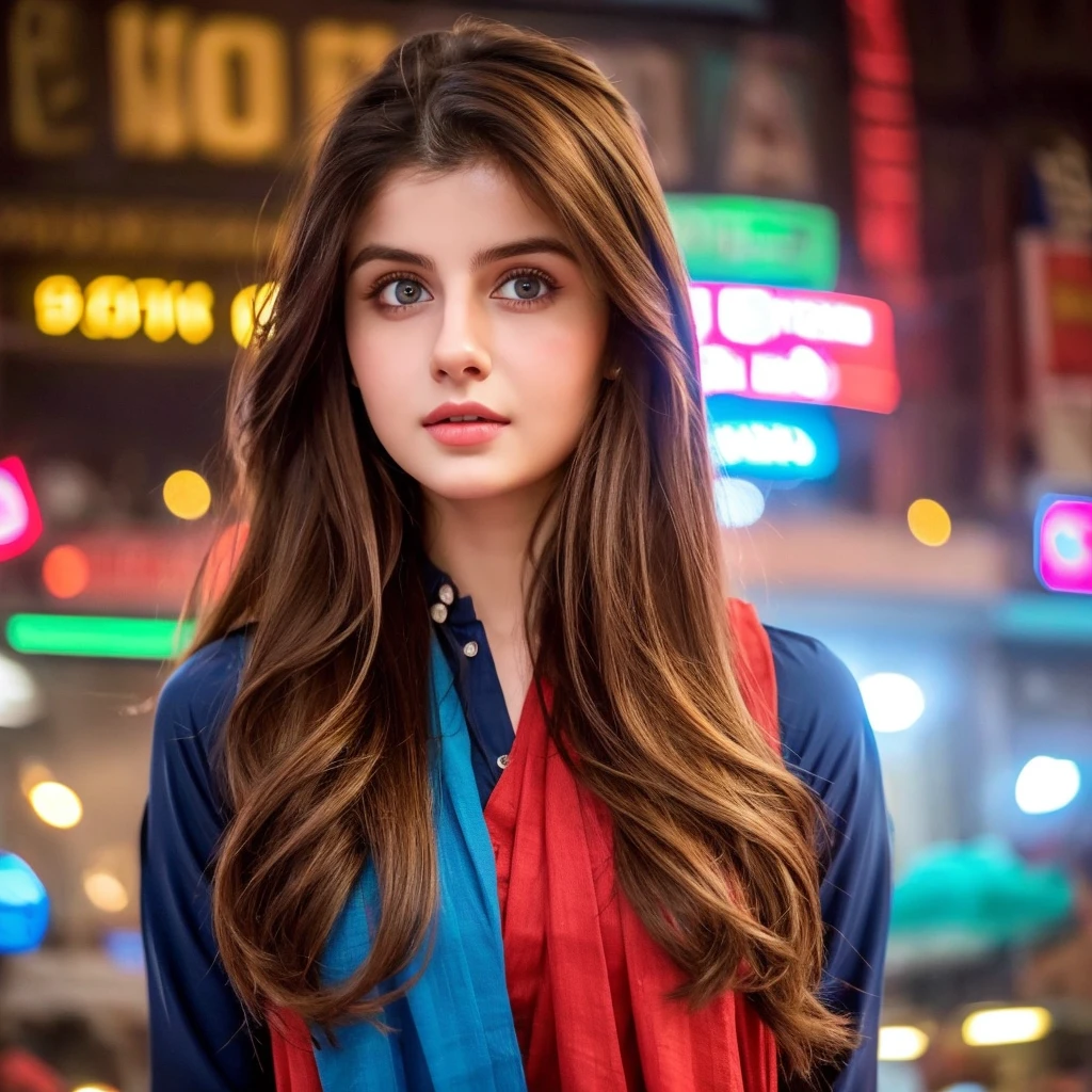 A Wanna A Realistic Picture Of Human Girl Who Is Exact Replica Of ayeza khan and skin fair and wearing western red shalwar kameez on indian market And His Hair Brown Colour and blue eyes and he is on the bar club