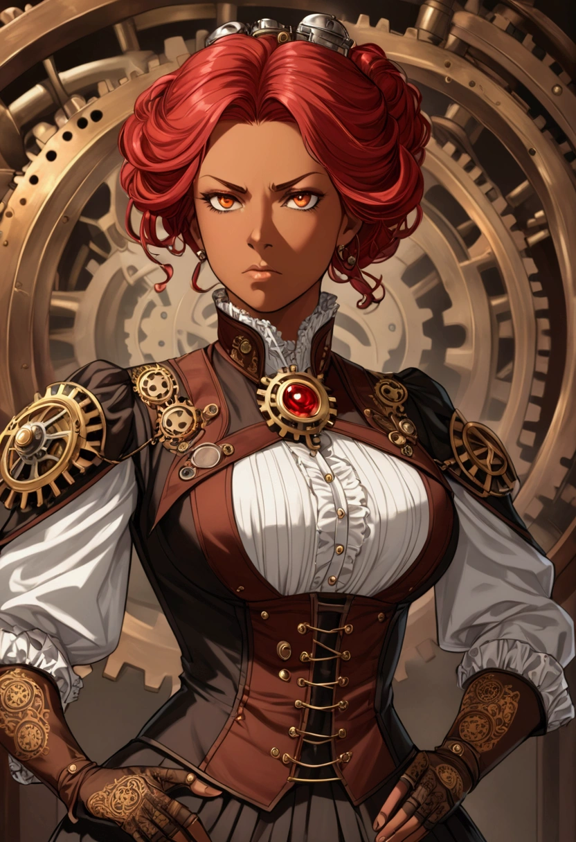 A middle-aged steampunk noblewoman from the Victorian era, with red hair and tanned skin, a core in her chest that serves as a catalyst for alchemy without the use of materials, and the clothes of a businesswoman full of gears, with a serious and intimidating expression, but commands respect.
