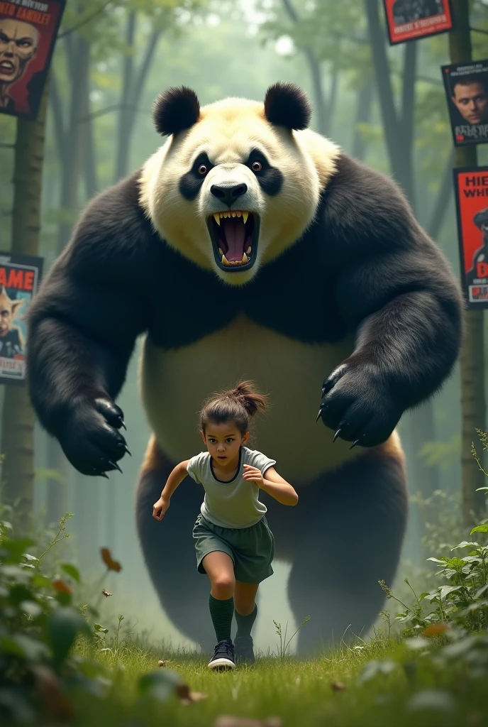 ((Giant panda holds up a refrigerator with both hands)), ((Gray female pigeon)), (short-sleeved shirt),(Angry Giant Panda), A giant panda chases after you, Gray female pigeonが全力で走って巨大パンダから逃げている, Gray female pigeonがオフホワイトで襟付きのshort-sleeved shirtに薄茶色のベストを着てひざ丈の黒いスカートに濃い緑の靴下と黒の靴を履いている, 筋肉質なGray female pigeon, The background is a grassy forest, ((horror movie posters)), Photorealistic images,