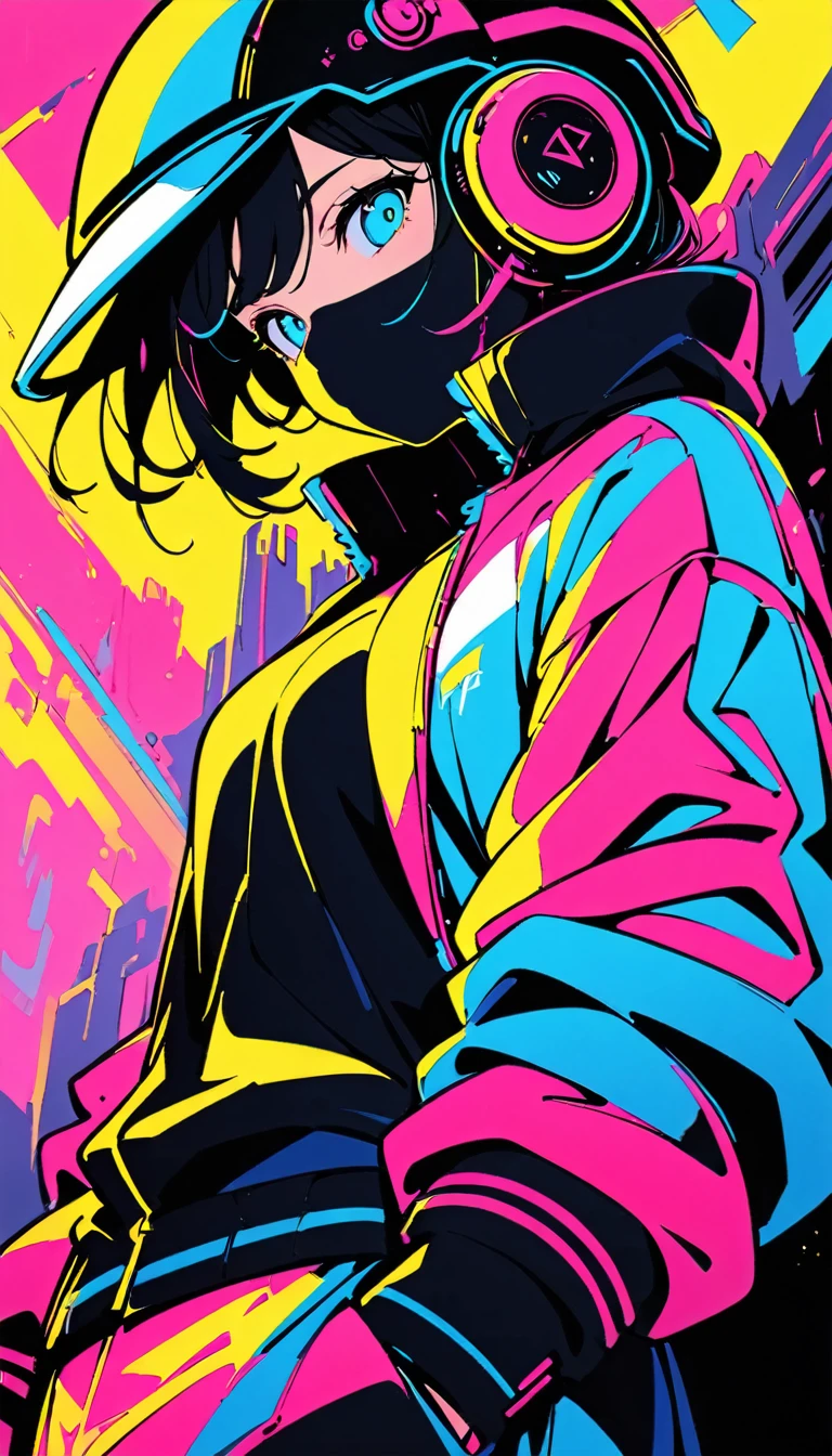 (high quality, 8k, 4K, High Contrast, masterpiece:1.2, 最high quality, Best aesthetics), (Dynamic Angle), ((1 female)), ((cyber punk)), ((Flat Color)), ((Colorful art)),Helmet,Riders jacket, Looking at the audience, Upper Body, Colored Background, High Contrast, Contrasting colors, Cowboy Shot,