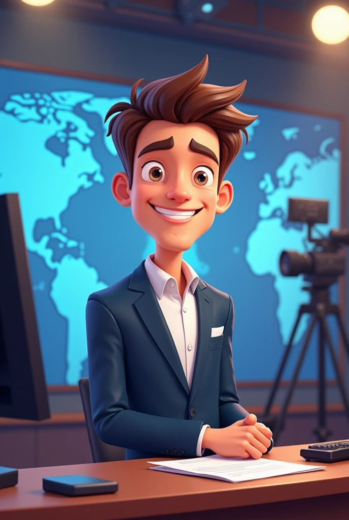 A cartoonish image of an authentic young man wearing a suit in a television news program