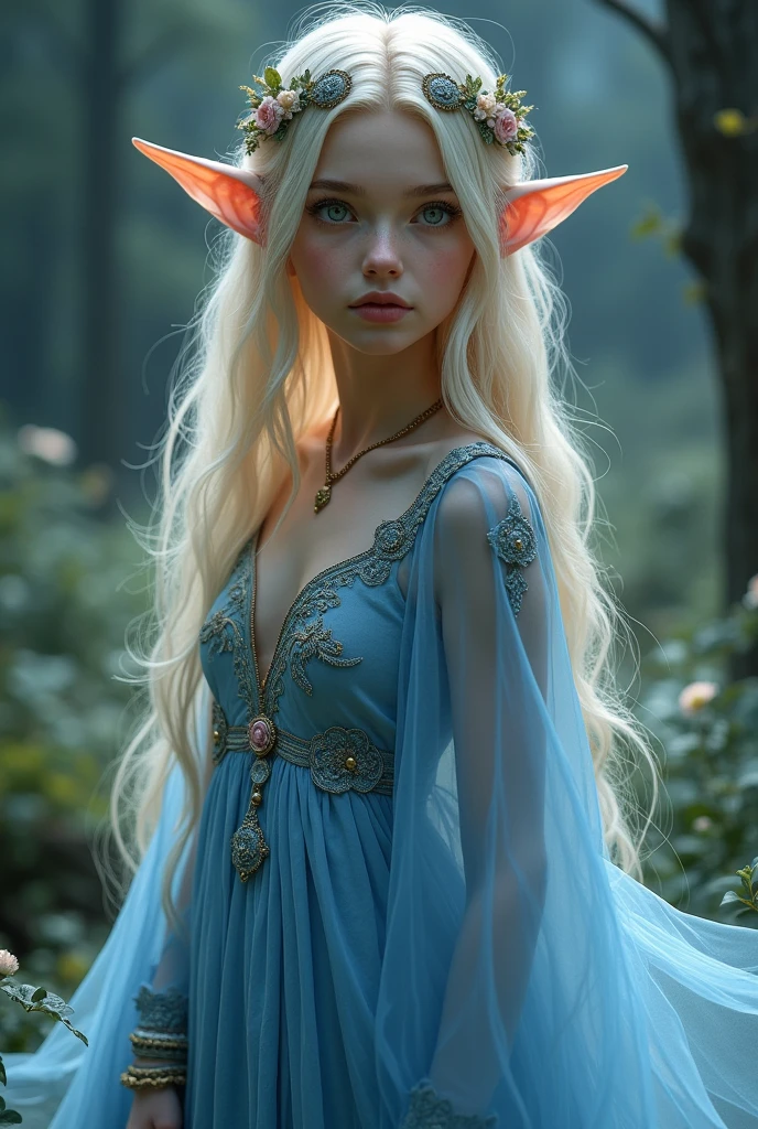 Girl , ((( blue dress), flowers, jewelry, long sleeves, wide sleeves, elf clothing, , embroidery, long skirt, long flowing blond hair, detailed face, detailed beautiful eyes, (intricate:1.3), (arcane aura:1.2), (dreamlike:1.3), (subtle mist:1.1),(vibrant colors:1.2), (detailed hair:1.3), (ultra realistic details:1.5),