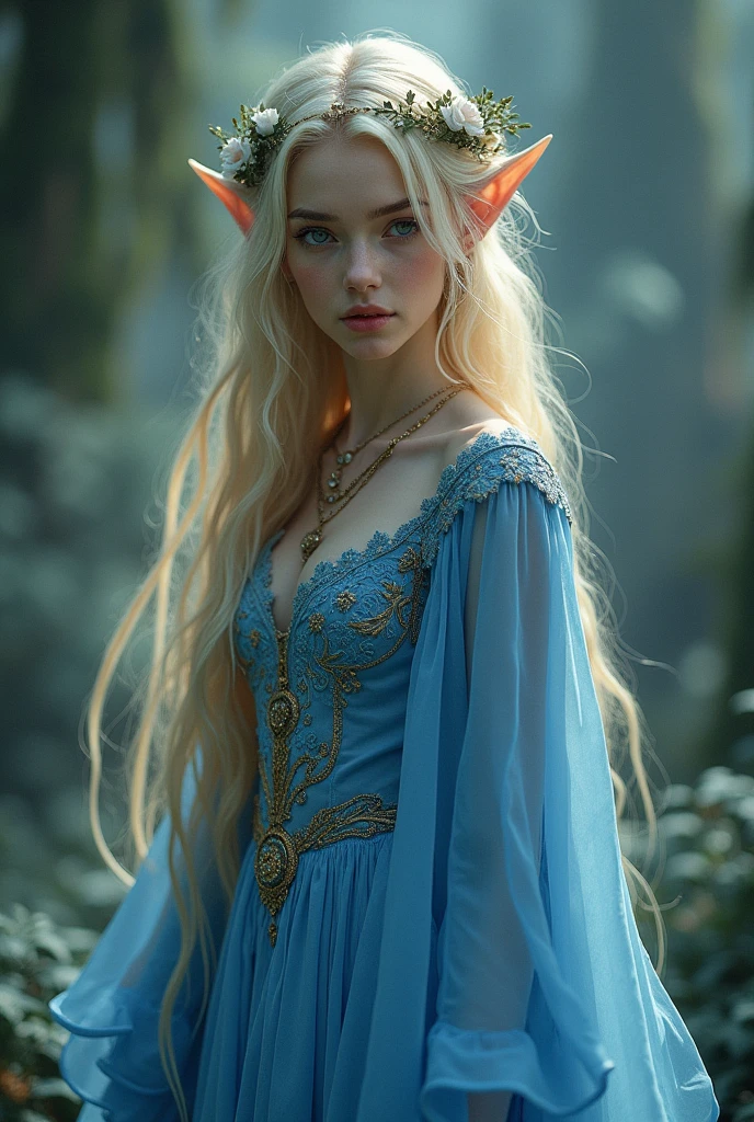 Girl , ((( blue dress), flowers, jewelry, long sleeves, wide sleeves, elf clothing, , embroidery, long skirt, long flowing blond hair, detailed face, detailed beautiful eyes, (intricate:1.3), (arcane aura:1.2), (dreamlike:1.3), (subtle mist:1.1),(vibrant colors:1.2), (detailed hair:1.3), (ultra realistic details:1.5),