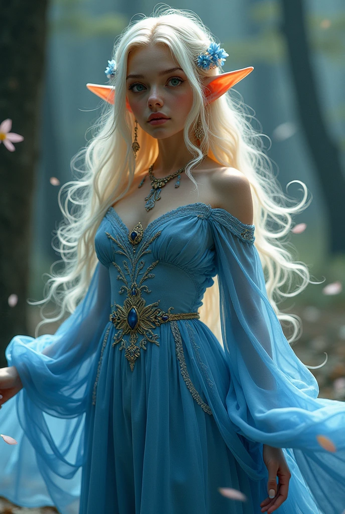 Girl , ((( blue dress), flowers, jewelry, long sleeves, wide sleeves, elf clothing, , embroidery, long skirt, long flowing blond hair, detailed face, detailed beautiful eyes, (intricate:1.3), (arcane aura:1.2), (dreamlike:1.3), (subtle mist:1.1),(vibrant colors:1.2), (detailed hair:1.3), (ultra realistic details:1.5),