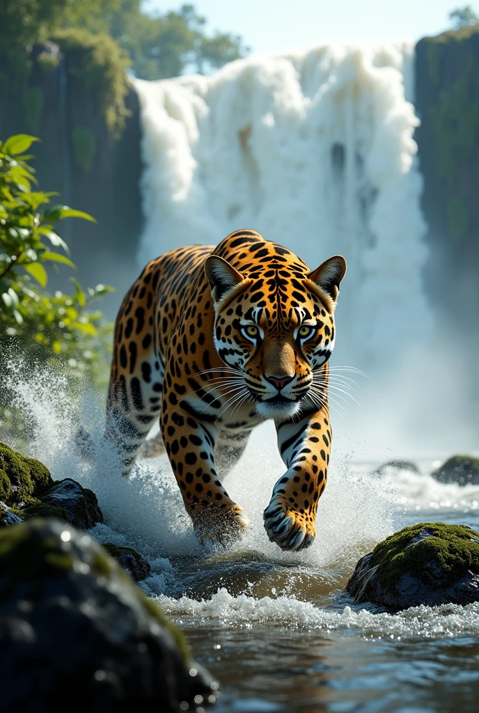 a jaguar running its claws over the iguaçu falls