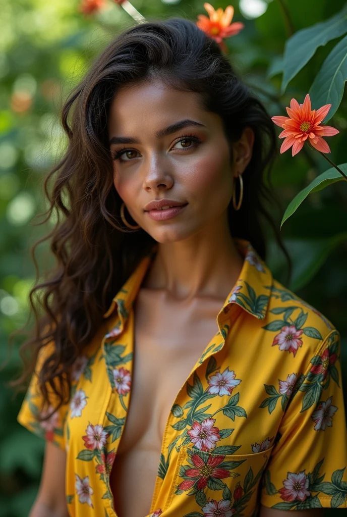 A Brazilian woman in a lush tropical garden, wearing an open shirt with a floral print, with a close-up capturing the harmonious beauty between her breasts and the natural flowers, showing off your natural charm and outgoing personality.