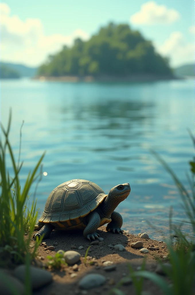 A small turtle with a slightly cracked shell sitting on the riverbank, looking determinedly across the wide river towards the distant, lush island.