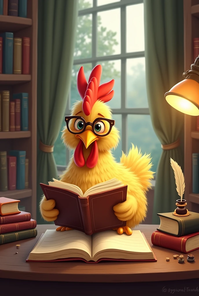 A cute chicken studying
