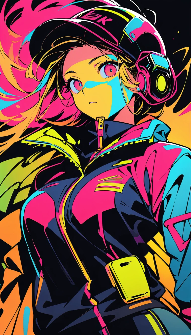 (high quality, 8k, 4K, High Contrast, masterpiece:1.2, 最high quality, Best aesthetics), (Dynamic Angle), ((1 female)), ((cyber punk)), ((Flat Color)), ((Colorful art)),Helmet,Riders jacket, Looking at the audience, Upper Body, Colored Background, High Contrast, Contrasting colors, Cowboy Shot,