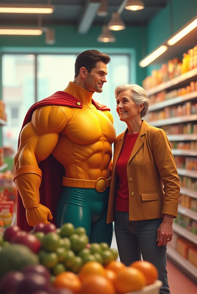 create a supermarket superhero who works in the merchandise replenishment sector helping an elderly woman in the happy supermarket