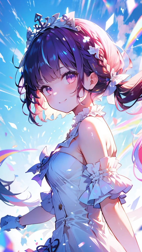 (Highest quality:1.2), (Very detailed:1.2),(masterpiece:1.2),(8k:1.2),(Blessed,Captivating body、Very beautiful eyes、Very detailed肌、Very detailed顔,Detailed Background), ffaqua, twintails, drill hair, tiara, white dress, white gloves,(summer background,Blue Sky background,rainbow:1.3),(The best smile:1.2)、farewell、graduation, (portrait ,looking back:1.2)