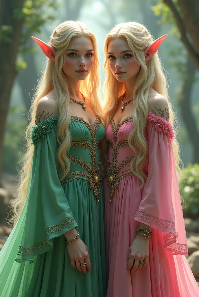 Twin , ((( Green dress+ pink outfit), flowers, jewelry, long sleeves, wide sleeves, elf clothing, , embroidery, long skirt, long flowing blond hair, detailed face, detailed beautiful eyes, (intricate:1.3), (arcane aura:1.2), (dreamlike:1.3), (subtle mist:1.1),(vibrant colors:1.2), (detailed hair:1.3), (ultra realistic details:1.5),