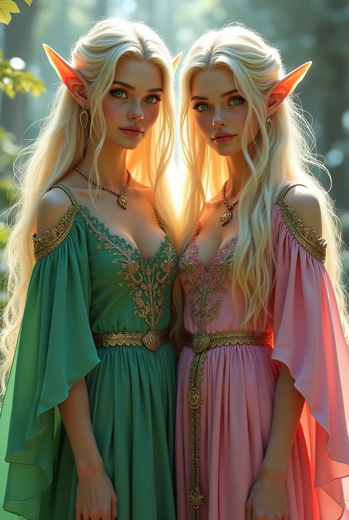 Twin , ((( Green dress+ pink outfit), flowers, jewelry, long sleeves, wide sleeves, elf clothing, , embroidery, long skirt, long flowing blond hair, detailed face, detailed beautiful eyes, (intricate:1.3), (arcane aura:1.2), (dreamlike:1.3), (subtle mist:1.1),(vibrant colors:1.2), (detailed hair:1.3), (ultra realistic details:1.5),