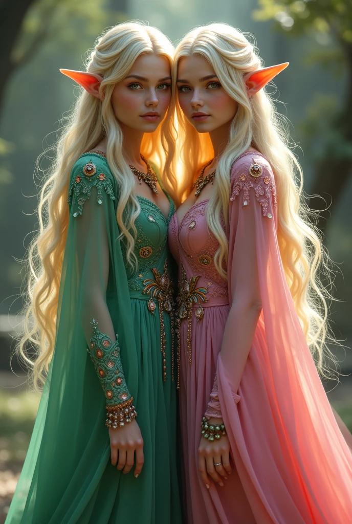 Twin , ((( Green dress+ pink outfit), flowers, jewelry, long sleeves, wide sleeves, elf clothing, , embroidery, long skirt, long flowing blond hair, detailed face, detailed beautiful eyes, (intricate:1.3), (arcane aura:1.2), (dreamlike:1.3), (subtle mist:1.1),(vibrant colors:1.2), (detailed hair:1.3), (ultra realistic details:1.5),
