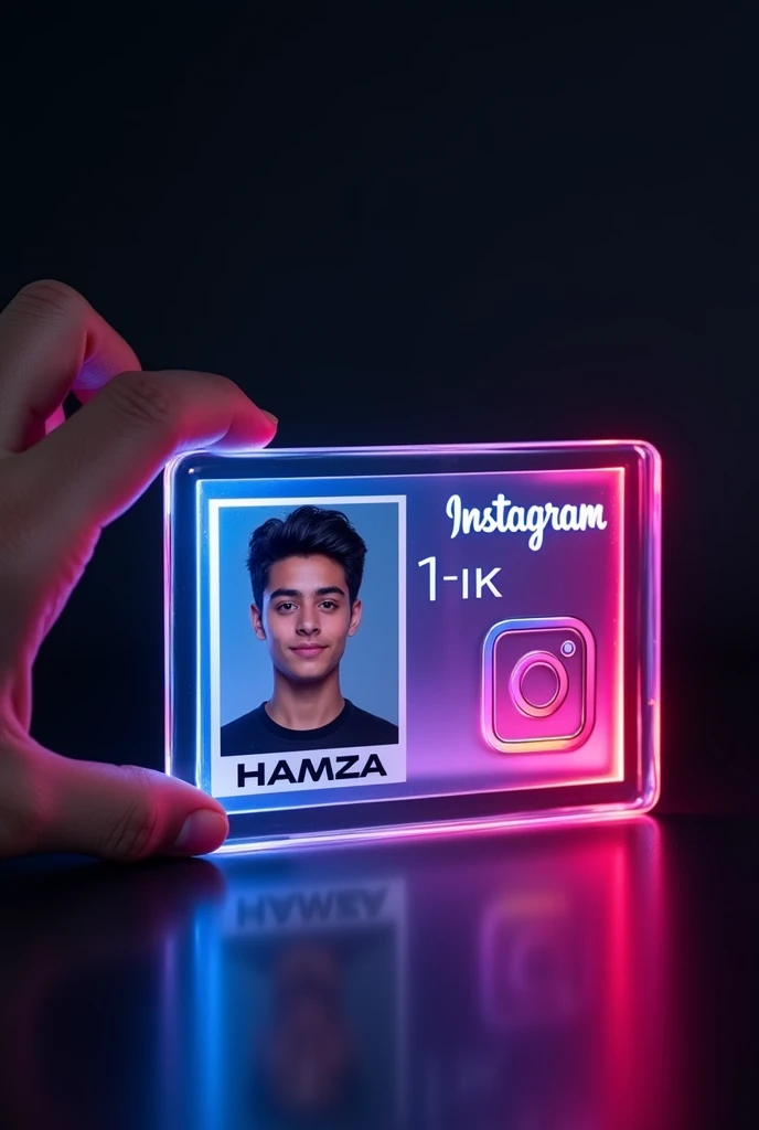 Prompt: Create an facebook profile on a glass ID card on a Black desk displaying the Instagram logo and realistic profile photo of a boy in circle " HAMZA " is written in bold fonts under the profile photo and 1k Followers written, the card is glowing in pink and blue color on the edge, One corner is held with two fingers....less INFO