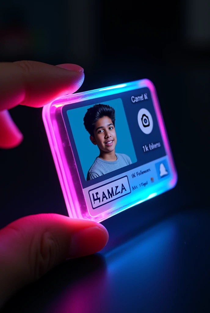 Prompt: Create an facebook profile on a glass ID card on a Black desk displaying the Instagram logo and realistic profile photo of a boy in circle " HAMZA " is written in bold fonts under the profile photo and 1k Followers written, the card is glowing in pink and blue color on the edge, One corner is held with two fingers....less INFO