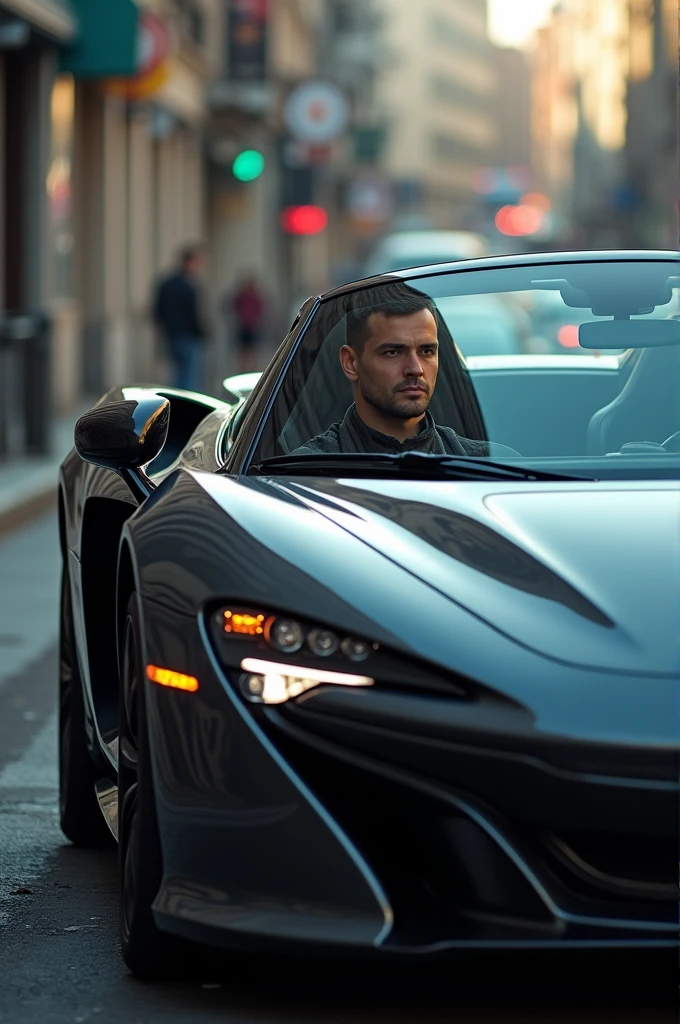 A car and a man sitting inside the car a sports car