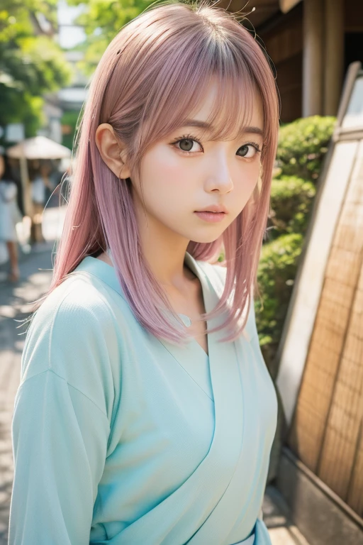 photo realistic, pastel color japanese gur in japan stret, natura igning, profound gaze,