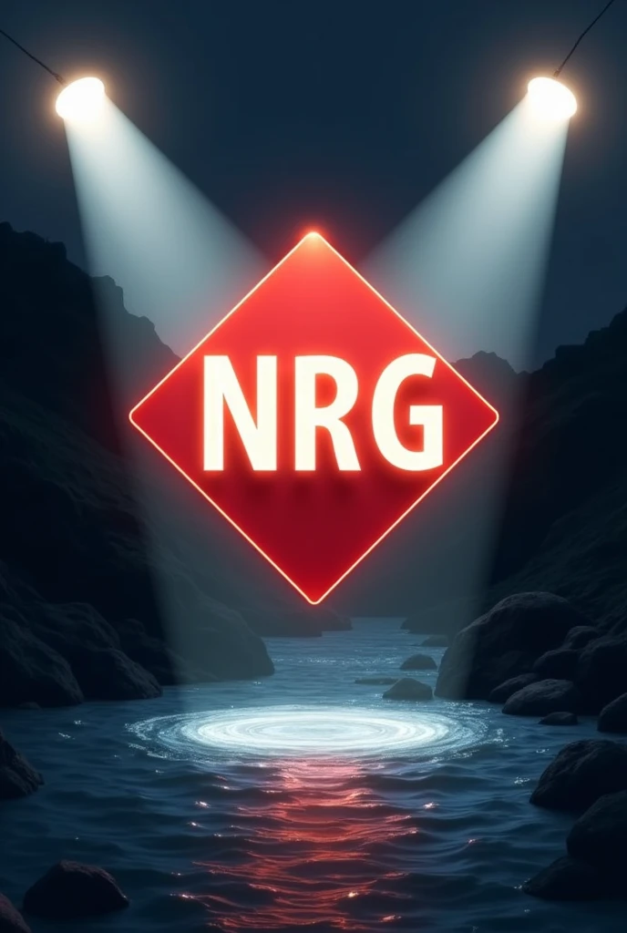 Logo on a hydroelectric plant with the red diamond letters NRG illuminated by 2 spotlights over a river