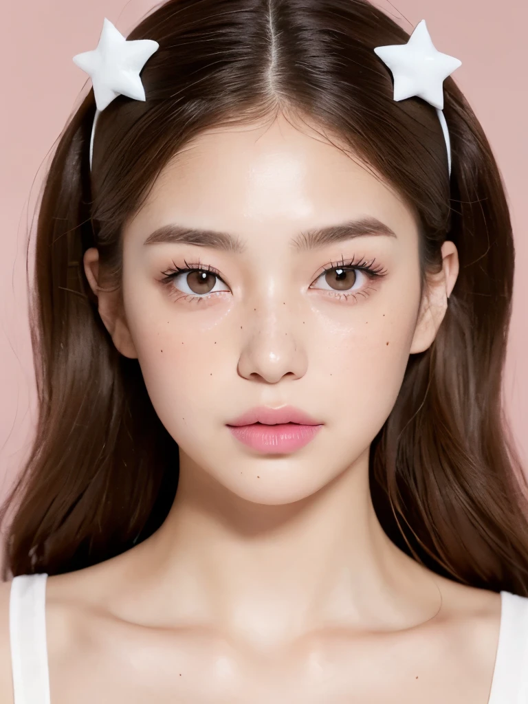 Kim Jennie with white brown hair, with curlers at the ends, with two bows on each side of the hair, all her white hair brown, with a star clip in her white brown hair, light colored eyes, beautiful eyes, crying eyes, beautiful, splash your nose, watery nose, beautifuls labios, pink lips, heart and cupid shaped lip, beautiful skin, pale, White skin, with moles and freckles all over his face, soft pink blush on cheeks, natural pink blush, soft pink makeup, Jennie, Nice neck, marked collar, frown, tender look, while having a bare abdomen, showing her navel and her slender waist, Delgado, marked and beautiful, (big breasts, soft breasts, beautifuls pechos), sentada, con ropa interior de corazónes, con con un top marrón de tirantes, sentada mostrando su abdomen, looking to the camera