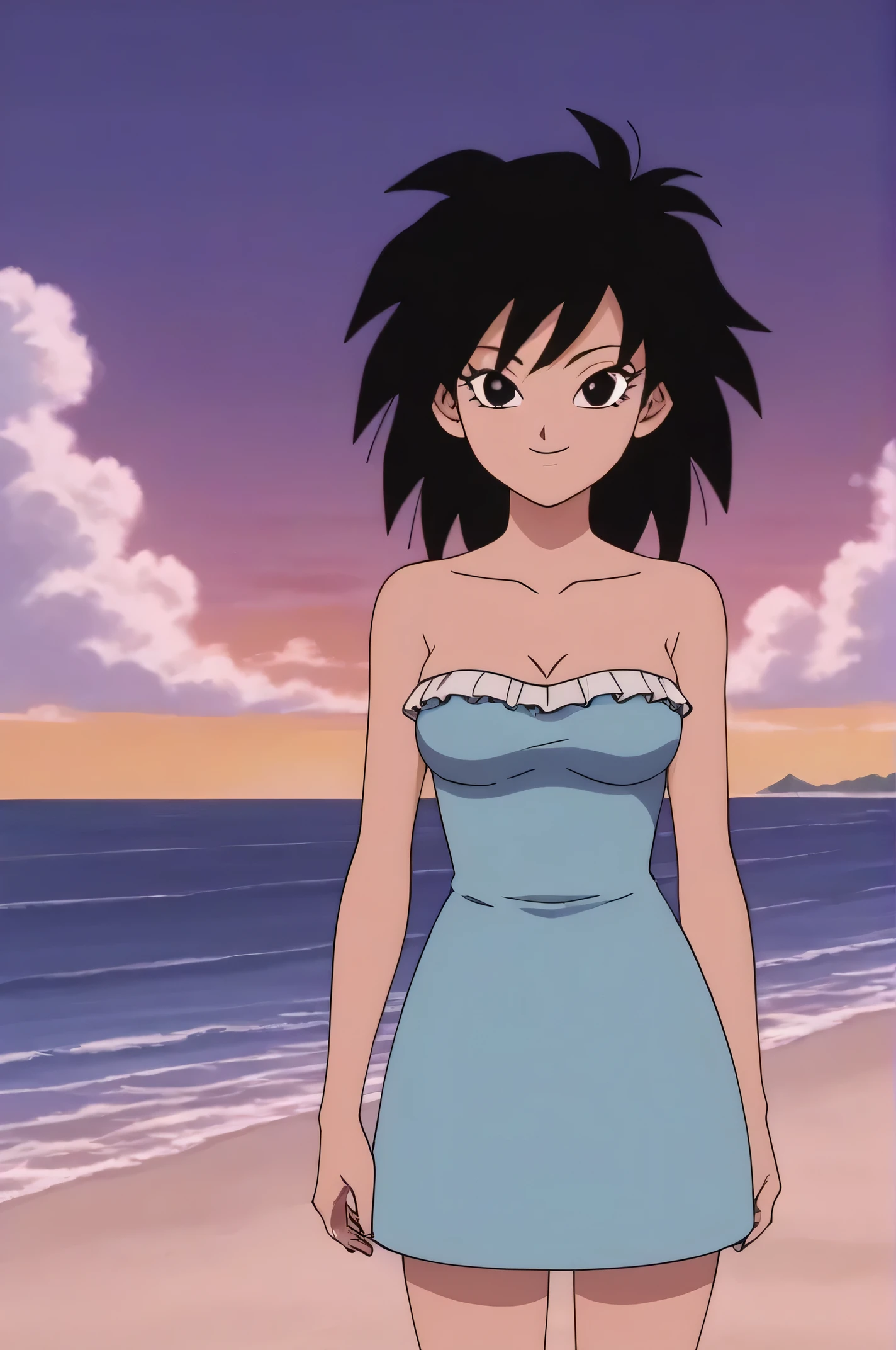 source_anime, score_9,score_8_up, score_7_up, ginedb, anime screencap, 1girl, solo, looking at viewer, smile, medium breasts, black hair, beach, ocean, bare shoulders, medium breasts, smile, standing, cowboy shot, medium hair, black eyes, spiked hair, eyelashes, masterpiece, best quality, very aesthetic, absurdres, strapless, off shoulders, white ruffle off the shoulder maxi dress, blue skies, street, standing, cowboy shot,