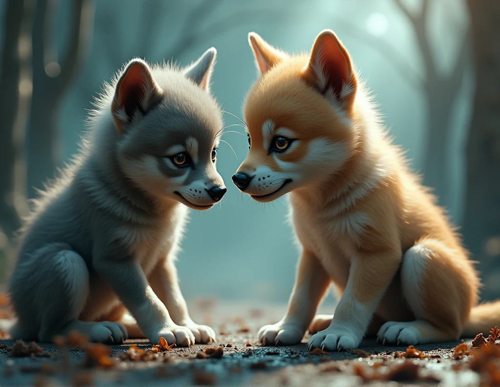 puppy with a wolf head and a werewolf with a puppy head