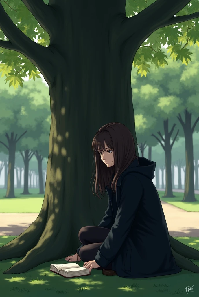 A young woman was sitting under a large tree in a public park. The young woman was wearing a black coat, and her long dark brown hair covered her face. Beside her was a small notebook. She seemed to be concentrating on what was in the notebook.