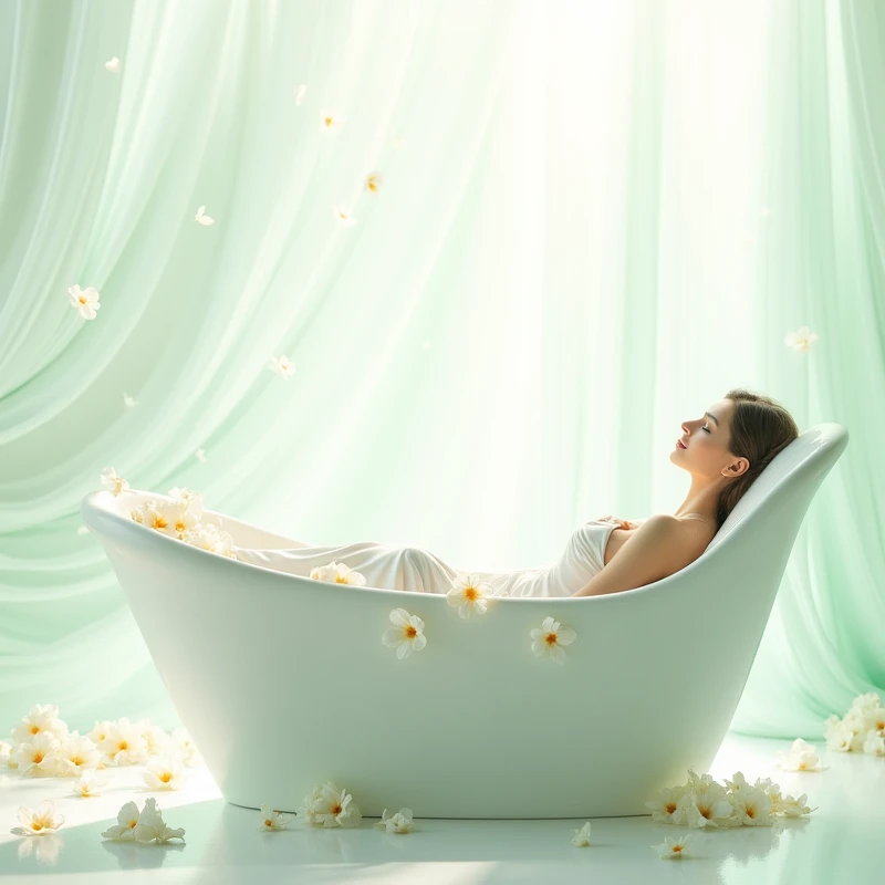  White background，The silky lines of the work part are light green，The lower part gradually turns light green，White bathtub with flower petals，European beauty relaxing in the bathtub