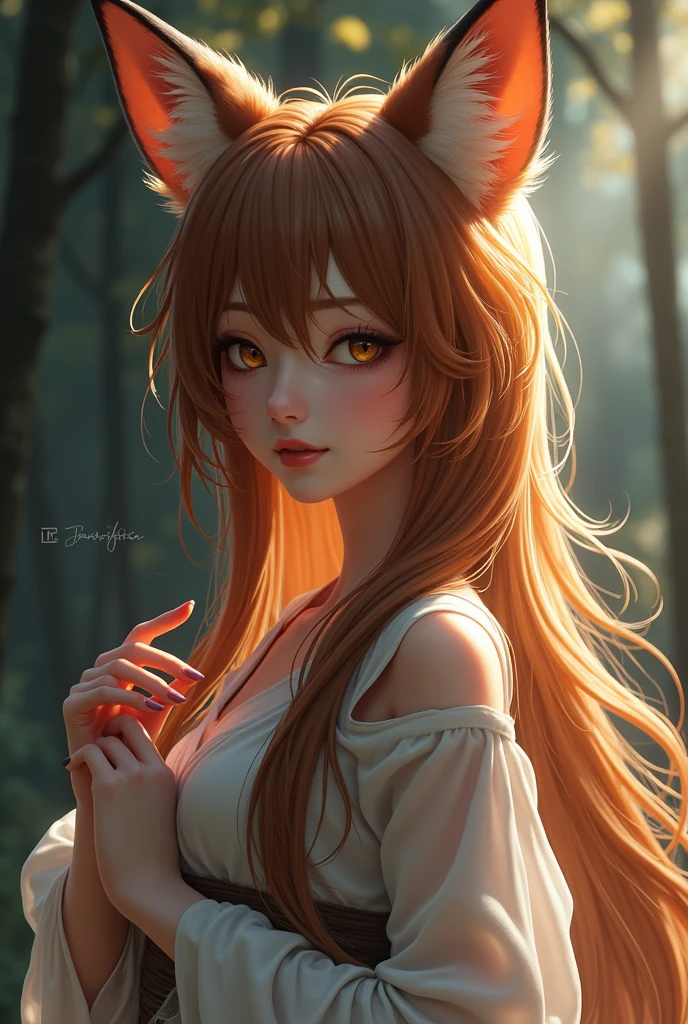 Best quality, 8K, HDR, soft lighting, picture perfect, realistic, vibrant, fox girl with brown hair, kitsune, beautiful female kitsune, digital anime illustration, beautiful illustration, beautiful digital artwork, exquisite digital illustration, realistic digital anime art, realistic anime style digital art, ultra high quality fantasy art, final fantasy, masterpiece, ultra high quality female character design, wallpaper illustrations of the highest quality, complex ultra high quality accurate faces of female characters, high quality design and accurate physics, ultra high quality fantasy style, dark fantasy Style, masterpieces, super high quality characters, anime resolution - 8K, realistic anime art, highest quality wallpaper illustration, ultra-high facial detail, quality design and physics accuracy, by color, depth of field, shadows, ray tracing, high quality and 8K resolution computer wallpaper production, accurate simulation of the interaction of light and materials, Highly detailed hair, More about beautiful and shiny red hair, Beautifully detailed hands perfect fingers, Beautiful nails, perfect anatomy, perfect proportions, Full-length, Perfect color combination, Accurate imitation of the interaction of light and material, art that conveys the meaning of the story.