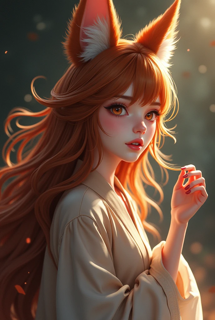 Best quality, 8K, HDR, soft lighting, picture perfect, realistic, vibrant, fox girl with brown hair, kitsune, beautiful female kitsune, digital anime illustration, beautiful illustration, beautiful digital artwork, exquisite digital illustration, realistic digital anime art, realistic anime style digital art, ultra high quality fantasy art, final fantasy, masterpiece, ultra high quality female character design, wallpaper illustrations of the highest quality, complex ultra high quality accurate faces of female characters, high quality design and accurate physics, ultra high quality fantasy style, dark fantasy Style, masterpieces, super high quality characters, anime resolution - 8K, realistic anime art, highest quality wallpaper illustration, ultra-high facial detail, quality design and physics accuracy, by color, depth of field, shadows, ray tracing, high quality and 8K resolution computer wallpaper production, accurate simulation of the interaction of light and materials, Highly detailed hair, More about beautiful and shiny red hair, Beautifully detailed hands perfect fingers, Beautiful nails, perfect anatomy, perfect proportions, Full-length, Perfect color combination, Accurate imitation of the interaction of light and material, art that conveys the meaning of the story.