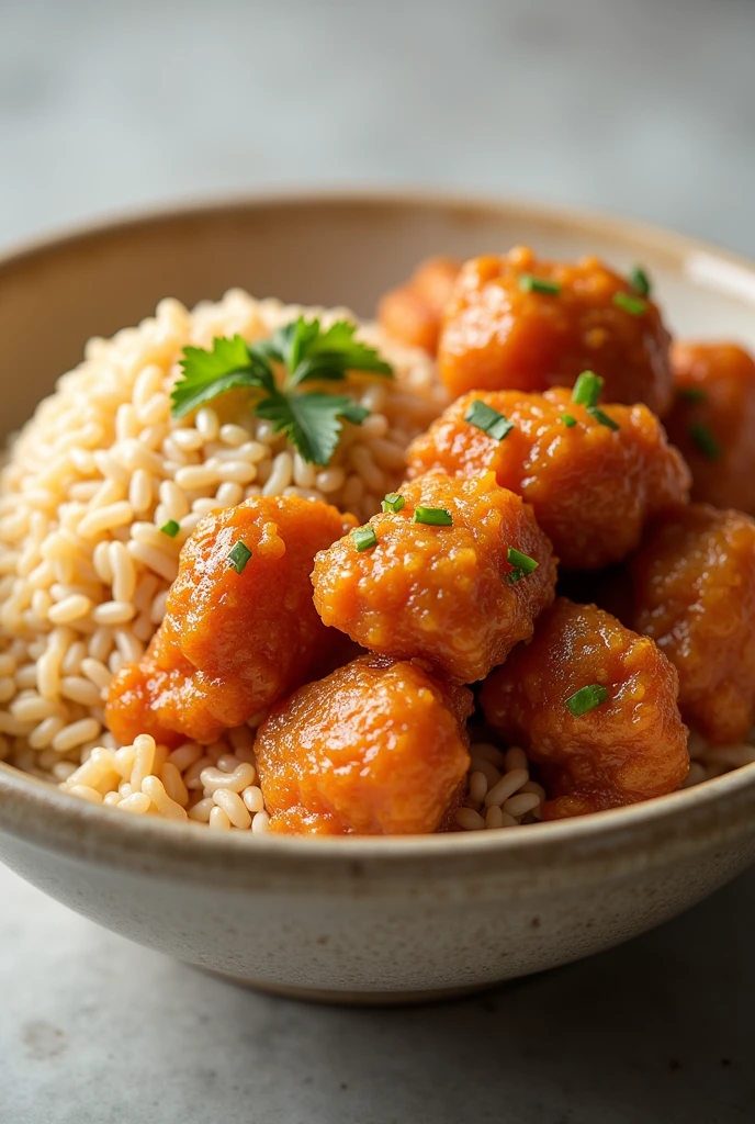 Sticky rice with fried chicken looks delicious and realistic.
