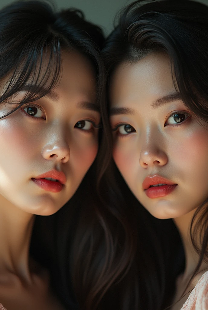 (best quality), photo realistic, 8k, Masterpiece, Portrait: 1.3, photo realistic, hyper realistic, Sharp Focus, looking at viewer, light on face, real texture skin, detailed eyes, detailed face,(Keep your hairstyle the same), cinematic lighting, 8k, UHD, retina, Same color for both eyes, masterpiece, accurate, anatomically correct, textured skin, 2 Korean woman