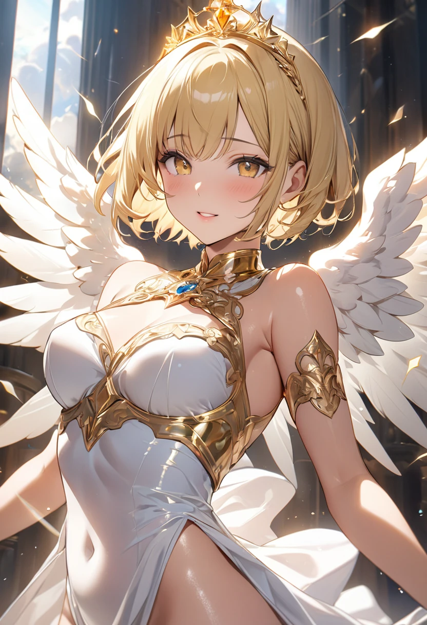 masterpiece, top quality, 8k, real person,2,shiny skin, fully focused, heaven, divine glory, Radiant, angel, blessing, happiness,A lustful look、Gold Tiara、Blonde、Short Hair、Angel&#39;s wing、sit、Leg spread、Masturbation、Open up、Spreading pussy、Touching pussy、Show your chest、Sweaty、See-through、Grab your chest、Dildo、Anal beads、Cowgirl、Peeing、Squirting、Climax,Low - Angle