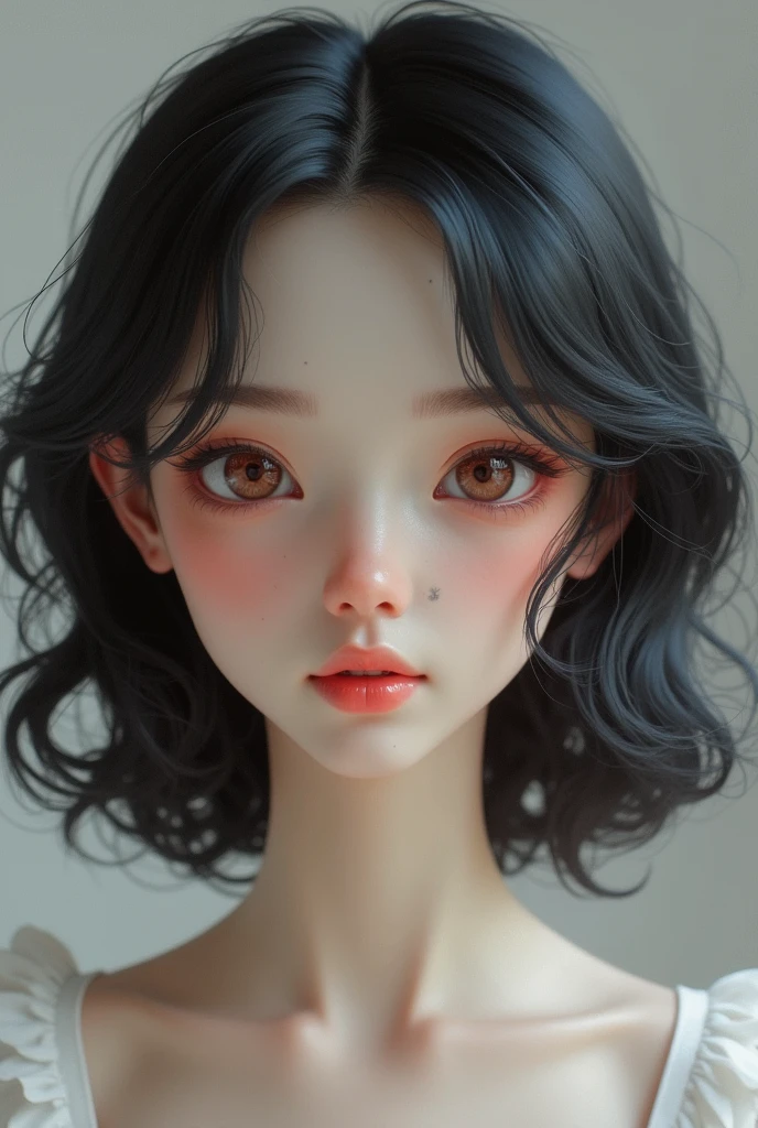 With glass, light voloured mole in the right cheek near the nose who has small lips which is big in the down and smaller in the up lips, oval shape slim with good outfit with curly hair(2b and 2c curls in the front and 3a and 3b curls at back) shoulder length long hair lighter eyebrows, smaller eyes pinkish colour anda little long forehead without any freckles