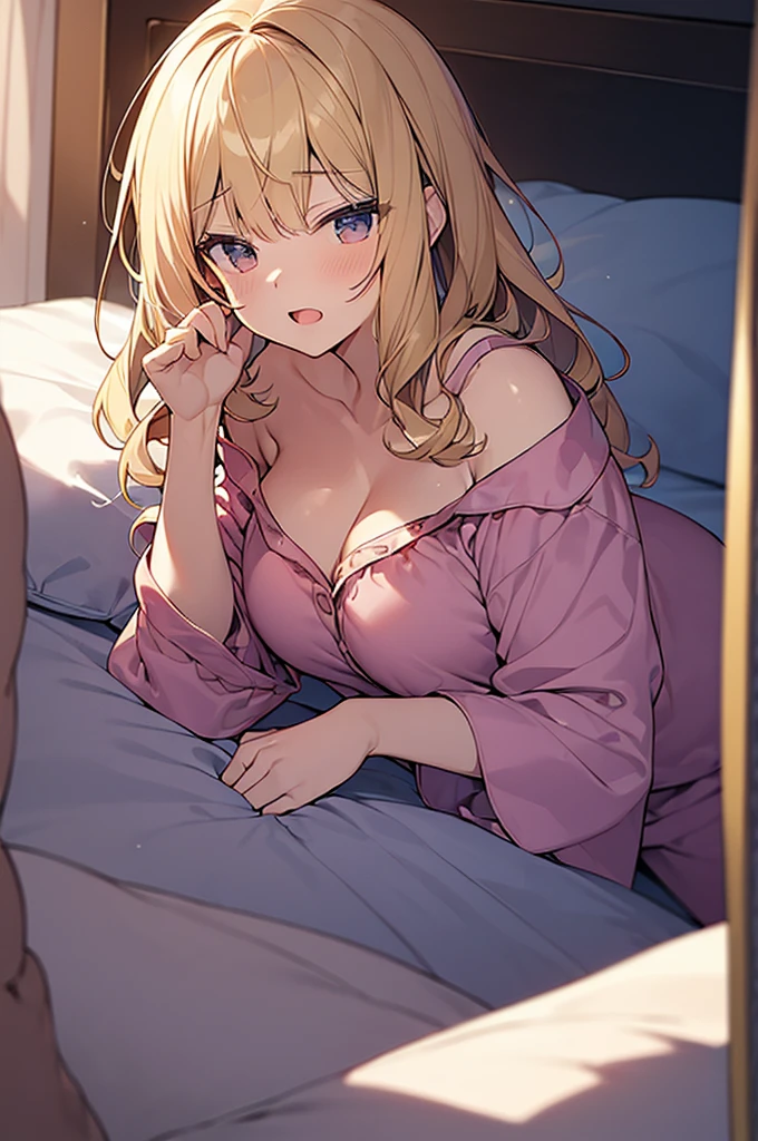 (Masterpiece, Top quality:1.5), full body, (lie on one’s back:1.4), on bed, (1 beautiful girl, solo:1.2), (short height:1.3), (Camisole and Silk Pajama Pants:1.3), Blonde hair:1.1, medium Hair, wavy Hair, asymmetry bangs, swept bangs, airy hair, large breasts:1.4, (sleepy-eyed:1.3), blush:1.2, beautiful scene of bedroom, magnificent panorama view, blurry background, open mouth, dynamic pose, dynamic angle