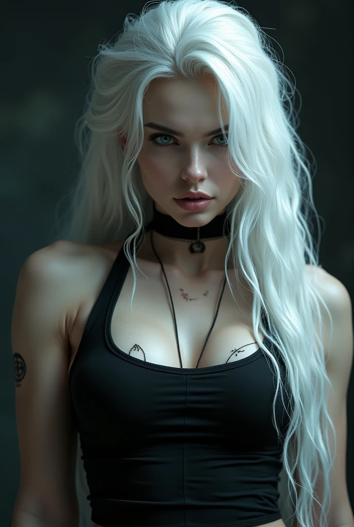 deep white hair, huge breast, bdsm, smile, tattoo, blue eyes