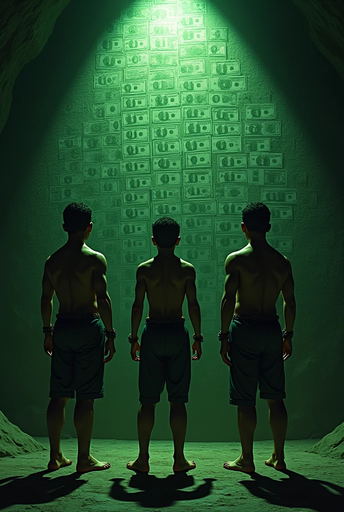 Make me a picture of a cave with three people chained by their hands, neck and legs, standing facing the cave wall. Behind them is a wall of green banknotes with people wearing suits walking behind it. About the people who walk behind the wall are expensive things. A lamp on which career stands casts shadows of expensive things on the wall that the first people look at