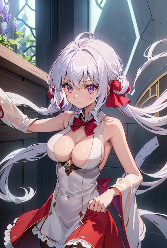 ((masterpiece)), ((Best quality)), (high resolution), (illustration), (an extremely delicate and beautiful), (ultra detailed beautiful face and eyes), nsfw, 1girl, leaning forward, YukineChris, long hair, purple eyes, twintails, low twintails, ahoge, large breasts, fishnet pantyhose, red a bow tie, volumetric lightning, detailed skin texture, detailed, volumetric shadow, anime screencap,Highest quality, Sorceress, ancient babylonian nobility, ((tan skin:1.2)), (brown skin color),Long hair, twin braids, hair ornament, wine colored hair, smile, Below average size breasts, bare shoulders, (underboob:0 Legs apart、Ready your gun?、Stretching arms to emphasize cleavage 8K, masterpiece, Best_quality, high_resolution, ultra_details, detailed, 1girl, 独奏, looking_at_viewer, upper_body, indoors, braid, blurry, bangs, white_hair, blurry_background, collared_shirt, church, hair_ribbon, hair_between_eyes, stained_Glass,sidelocks, depth_of_field, light_particles, window, french_braid, Alphonse Mucha Style, sharp focus, perfect hands, perfect face, perfect eyes, perfect light, dynamic light, natural light, Masterpiece, Best quality, red dress