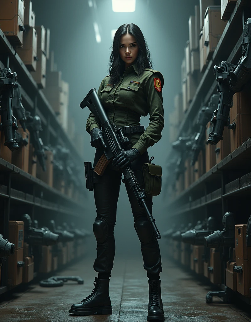 (photorealism:1.2), sexy woman soldier, 무기고