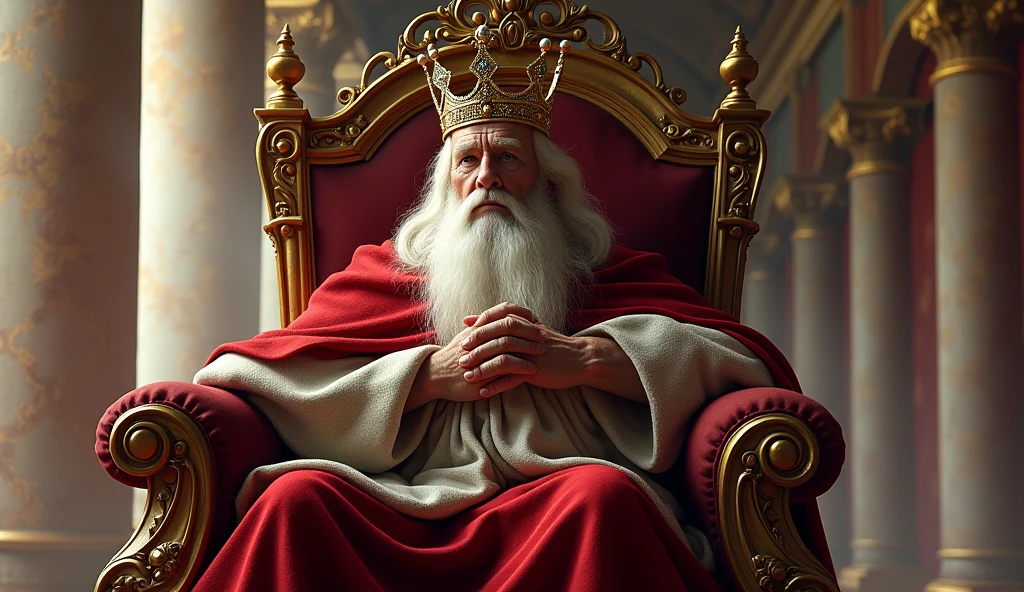 A king with white hair, a crown on his head, sitting on a throne And he thinks