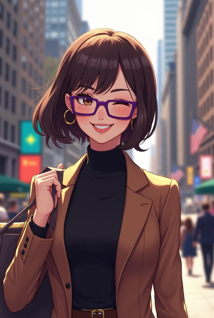 A brunette woman, discreet clothing, shorth hair, with rectangular purple glasses, medium hoop earring, Grinning, winking an eye. Brown lipstick and discreet makeup, carrying shopping bags in hand, no meio da wall street