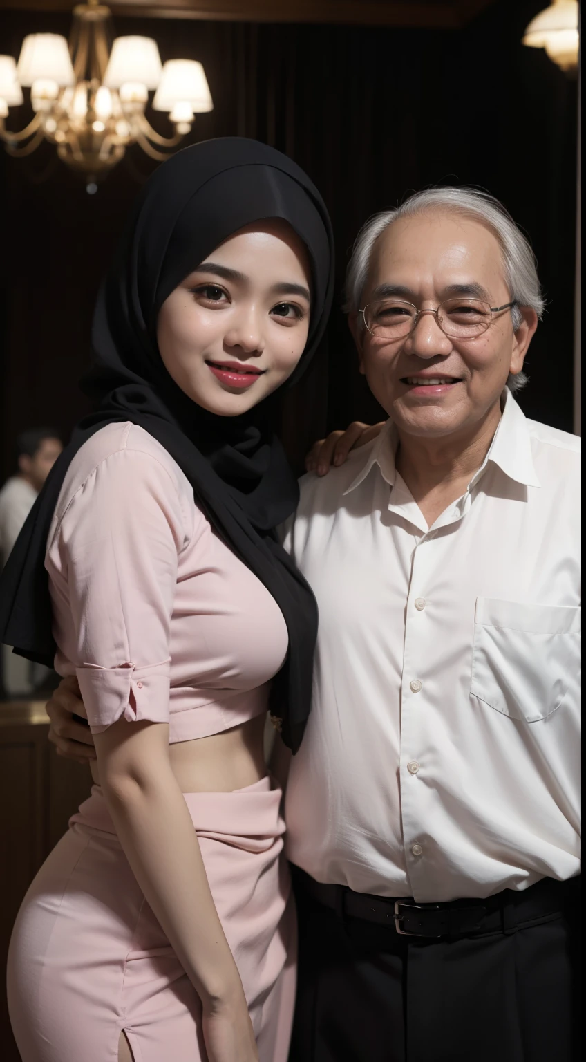 Beautiful malay girl standing and laughing, happy, nighttime dinner, hotel dinner stage ballroom, (mira filzah:1.3), wearing hijab, pastel color hijab, wear pink Indian saree, Red lips, visible cleavage, small breast, flat chest, wide waist, thick thighs, intimate couple hugs with old man, old man wearing black jas, white shirt and black trousers, bright lighting, high quality, ultra detail, 8k,