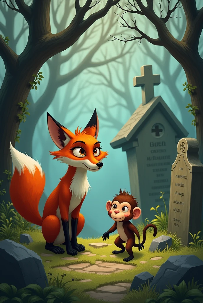 The fox and the monkey go to the grave.
