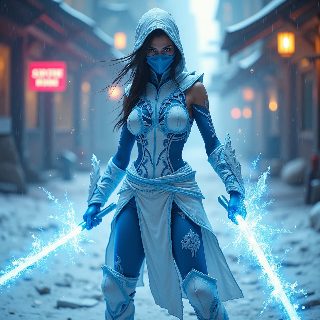real cinematic ,Mortal Kombat
hybrid: Girl Sub-Zero, sparks, rmx, UHD, high clear detail, many small details, professional photography 4k, colorful, blue ,white, fight
