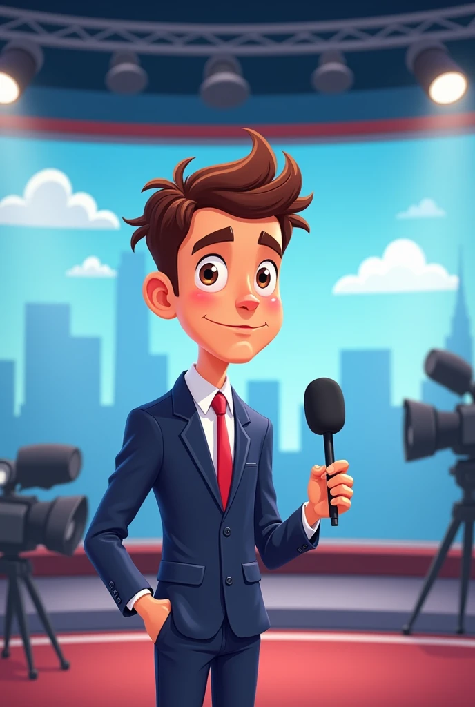 A cartoon image of a young man wearing a suit in a television news program